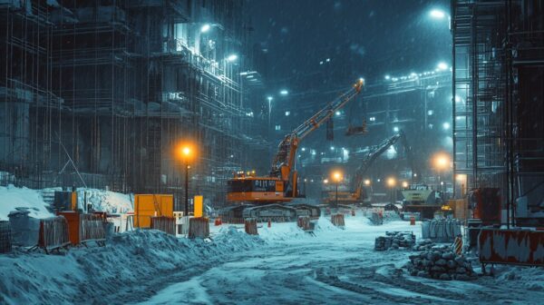 Winterliche Baustelle bei Nacht mit Baugeräten und Beleuchtung im Einsatz.