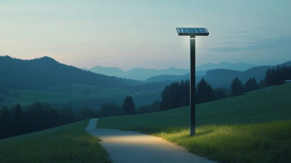 Solarbetriebene Straßenlaterne in einer österreichischen Landschaft bei Sonnenuntergang